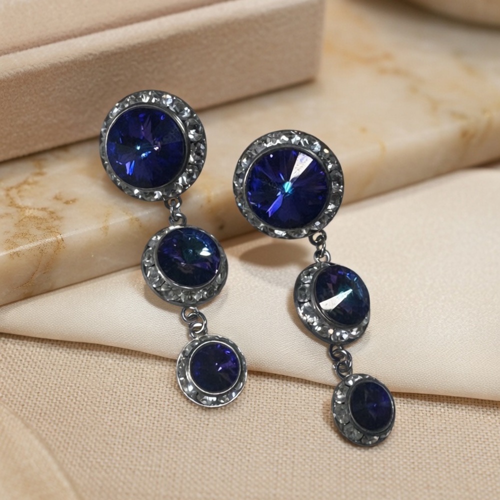 Blue Rhinestone Drop Earrings Silver Tone Sapphire Look Statement Dangle